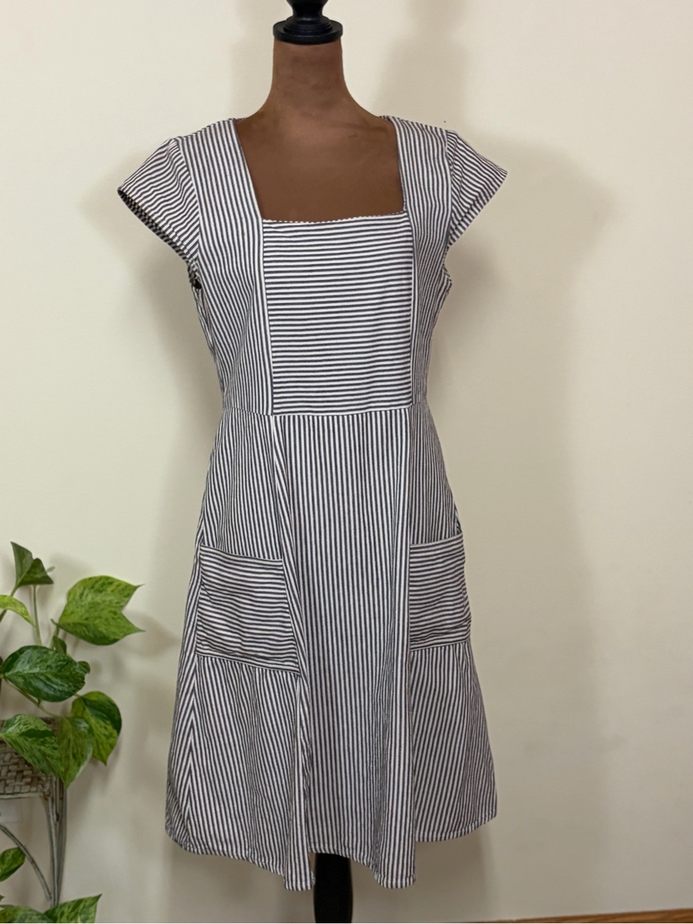 Striped Square Neck Cotton Dress - Black & White